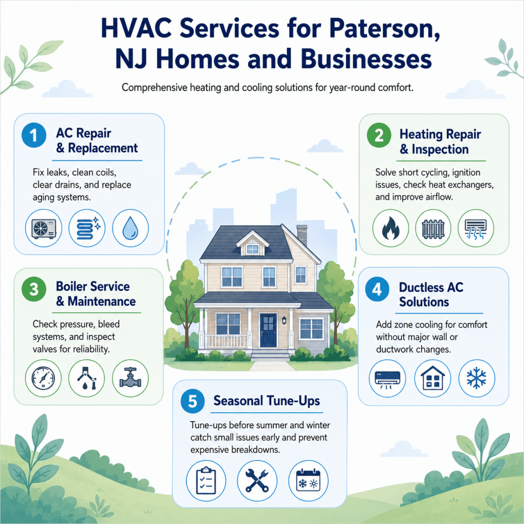 HVAC Services for Paterson, NJ Homes and Businesses including AC repair, heating repair, boiler service, and ductless AC