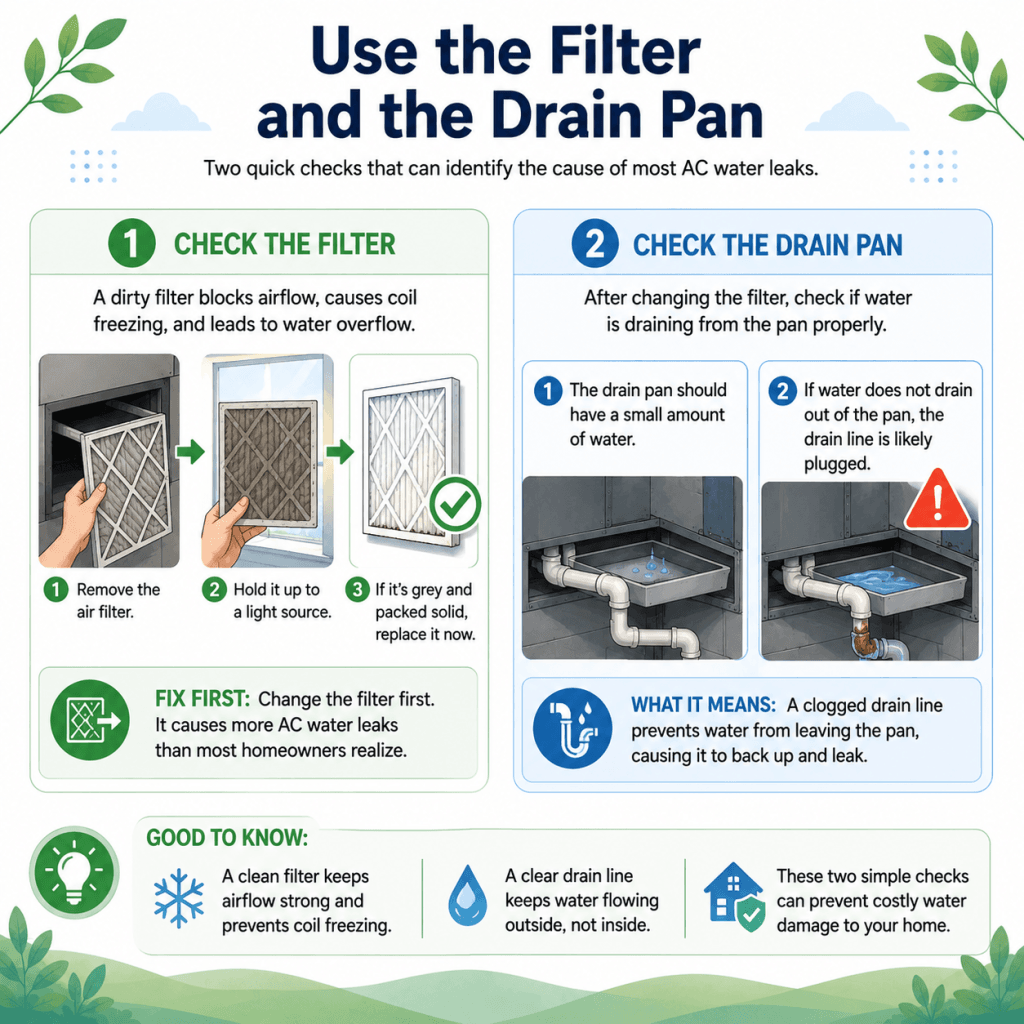 How to check the AC filter and drain pan for central AC water leaks in Paterson NJ